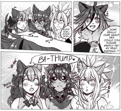 Rule 34 | 4girls, animal ears, bare shoulders, bell, black hair, black sclera, blush, bow, breasts, cat ears, cheshire cat (monster girl encyclopedia), collar, colored sclera, colored skin, comic, derivative work, disembodied limb, dog ears, english text, flaming eyes, fur, grey skin, greyscale, hair bow, headpat, hellhound (monster girl encyclopedia), large breasts, long hair, manosdetrapo, manticore (monster girl encyclopedia), monochrome, monster girl, monster girl encyclopedia, monster girl encyclopedia ii, multicolored hair, multiple girls, open mouth, raiju (monster girl encyclopedia), smile, spiked collar, spikes, tail, two-tone hair, typo