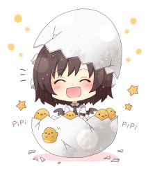 Rule 34 | 1girl, :d, ^ ^, animal, bird, black hair, black neckwear, black wings, blush, broken egg, chibi, chick, closed eyes, collared shirt, colored shadow, commentary request, eggshell, eggshell hat, facing viewer, hatching, highres, mini wings, open mouth, puffy short sleeves, puffy sleeves, shadow, shameimaru aya, shirt, short sleeves, smile, solo, totoharu (kujirai minato), touhou, white background, white shirt, wings