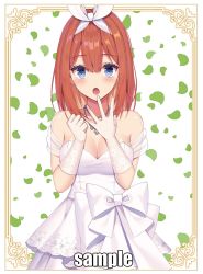 Rule 34 | 1girl, bare shoulders, blue eyes, blush, breasts, brown hair, character name, cleavage, collarbone, dress, elbow gloves, gloves, go-toubun no hanayome, hair ribbon, highres, izumo neru, jewelry, large breasts, long hair, nakano yotsuba, necklace, off-shoulder dress, off shoulder, open mouth, ribbon, solo, watermark, wedding dress, white dress, white gloves, white ribbon