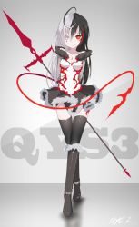 Rule 34 | 1girl, ahoge, arms behind back, black hair, black skirt, black thighhighs, blind, body markings, boots, collarbone, commentary request, covered navel, crossed legs, facial mark, fur-trimmed boots, fur-trimmed skirt, fur trim, hair between eyes, highres, holding, holding weapon, knee boots, li (qys3), looking at viewer, multicolored hair, partially blind, pixiv fantasia, pixiv fantasia revenge of the darkness, polearm, qys3, scar, scar on face, skin tight, skirt, smirk, solo, split-color hair, standing, strapless, symbol-shaped pupils, thigh gap, thighhighs, two-tone hair, weapon, white hair, zettai ryouiki