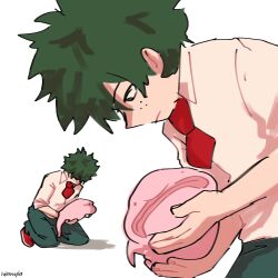 Rule 34 | 1boy, animal, blobfish, boku no hero academia, closed mouth, collared shirt, commentary, english commentary, freckles, frown, green eyes, green hair, green pants, highres, holding, holding animal, kneeling, looking at animal, lylawyla, male focus, meme, midoriya izuku, multiple views, necktie, pants, red footwear, red necktie, school uniform, shirt, shoes, short hair, signature, simple background, u.a. school uniform, white background, white shirt