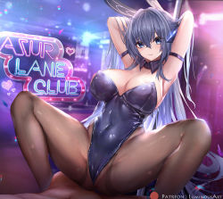 Rule 34 | 1boy, 1girl, animal ears, armband, armpits, arms up, azur lane, black pantyhose, blue eyes, blue hair, bodystocking, breasts, cleavage, collar, commentary, cowgirl position, english commentary, fake animal ears, girl on top, headgear, large breasts, leotard, looking at viewer, luminous, mixed-language commentary, new jersey (azur lane), new jersey (exhilarating steps!) (azur lane), nightclub, official alternate costume, pantyhose, playboy bunny, pole, rabbit ears, seductive smile, skin tight, skindentation, smile, spread legs, squatting, squatting cowgirl position, straddling, stripper, stripper pole, thick thighs, thighs, weapon