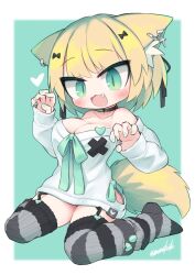Rule 34 | 1girl, :d, animal ear fluff, animal ears, black ribbon, blonde hair, blush, bow, breasts, claw pose, cleavage, commentary request, fang, full body, garter straps, green background, green bow, green eyes, green nails, hair ribbon, heart, highres, large breasts, long sleeves, nail polish, nanatsuta, no shoes, off-shoulder shirt, off shoulder, open mouth, original, ribbon, shirt, sleeves past wrists, slit pupils, smile, solo, striped clothes, striped thighhighs, tail, thighhighs, two-tone background, white background, white shirt