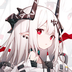 Rule 34 | 1girl, arknights, bare shoulders, black choker, black gloves, bright pupils, choker, closed mouth, earrings, from side, gloves, hair ornament, hairclip, horns, infection monitor (arknights), jewelry, long hair, looking at viewer, material growth, mudrock (arknights), mudrock (elite ii) (arknights), off shoulder, oripathy lesion (arknights), pointy ears, portrait, quan (kurisu tina), red eyes, red ribbon, ribbon, sidelocks, solo, white hair, zoom layer