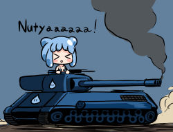 Rule 34 | &gt; &lt;, 1girl, :d, blue hair, blue sky, blush stickers, chibi, closed eyes, collarbone, convenient censoring, day, double bun, hair bun, half slime-chan, hana kazari, military, military vehicle, monster girl, motor vehicle, nude, open mouth, original, outdoors, romaji text, sidelocks, sky, slime girl, smile, smoke, solo, tank, translation request, v-shaped eyebrows, vehicle request