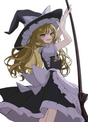 Rule 34 | 1girl, :d, absurdres, apron, black hat, blonde hair, book, bow, braid, broom, commentary request, hat, hat bow, highres, holding, holding book, kirisame marisa, long hair, looking at viewer, mikan (manmarumikan), open mouth, simple background, single braid, smile, solo, touhou, white apron, white background, white bow, yellow eyes