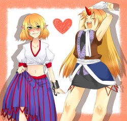 Rule 34 | 2girls, angry, armpits, arms up, bad id, bad pixiv id, blonde hair, blush, breasts, cosplay, costume switch, cuffs, embarrassed, female focus, horns, hoshiguma yuugi, hoshiguma yuugi (cosplay), large breasts, midriff, mizuhashi parsee, mizuhashi parsee (cosplay), multiple girls, pointy ears, shackles, sherad, shirt, single horn, stretching, tied shirt, touhou