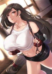 Rule 34 | 1girl, backlighting, bare shoulders, belt, black hair, black skirt, blush, breasts, cleavage, closed mouth, collarbone, earrings, elbow gloves, elbow pads, final fantasy, final fantasy vii, fingerless gloves, gloves, highres, jewelry, large breasts, long hair, looking at viewer, low-tied long hair, moisture (chichi), navel, red eyes, shirt, skirt, smile, solo, suspender skirt, suspenders, swept bangs, tank top, taut clothes, taut shirt, thighs, tifa lockhart, white tank top, window