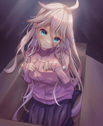 Rule 34 | 1girl, absurdres, ahoge, alternate costume, blue eyes, bocchi the rock!, box, braid, cardboard box, cosplay, gotoh hitori, gotoh hitori (cosplay), hatyomugi00, highres, ia (vocaloid), jacket, long hair, looking at viewer, pink track suit, solo, track jacket, track suit, vocaloid