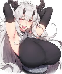 Rule 34 | 1girl, absurdres, arknights, armpits, arms up, black dress, black gloves, blush, breasts, commentary, dress, elbow gloves, gloves, grey hair, highres, horns, huge breasts, long hair, looking at viewer, matoimaru (arknights), oni horns, open mouth, red eyes, rikuguma, sidelocks, simple background, sleeveless, smile, solo, taut clothes, teeth, thick eyebrows, topknot, upper body, upper teeth only, white background