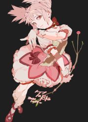 Rule 34 | 1girl, ballerina, black background, bow (weapon), bubble skirt, choker, collarbone, gloves, hair between eyes, highres, holding, holding weapon, kaname madoka, looking at viewer, magical girl, mahou shoujo madoka magica, mahou shoujo madoka magica (anime), mgong520, pink eyes, pink hair, puffy short sleeves, puffy sleeves, short sleeves, short twintails, skirt, solo, twintails, weapon, white gloves, white legwear