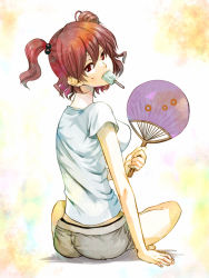 Rule 34 | 1girl, alternate costume, breasts, contemporary, female focus, food, from below, hair bobbles, hair ornament, hand fan, indian style, looking back, medium breasts, meet (105r), mouth hold, onozuka komachi, paper fan, popsicle, red eyes, red hair, shirt, short hair, shorts, sitting, solo, t-shirt, touhou, twintails, two side up, uchiwa
