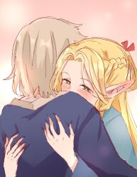 Rule 34 | 2girls, blonde hair, blue robe, blush, braid, bright pupils, commentary, dungeon meshi, ear blush, elf, english commentary, falin touden, falin touden (tallman), french braid, green eyes, hair ribbon, hands on another&#039;s back, highres, hug, light brown hair, light particles, lisedraw, long hair, marcille donato, multiple girls, pink background, pointy ears, red ribbon, ribbon, robe, short hair, upper body, white pupils, yuri