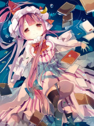 Rule 34 | 1girl, ana (rznuscrf), black thighhighs, blunt bangs, blush, book, bow, bowtie, dress, eyebrows hidden by hair, floating, floating book, floating object, hat, long hair, looking at viewer, mob cap, partially submerged, patchouli knowledge, purple hair, red bow, red bowtie, red eyes, solo, striped clothes, striped dress, thighhighs, touhou, vertical-striped clothes, vertical-striped dress, very long hair, water