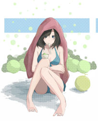 Rule 34 | 1girl, bad id, bad pixiv id, barefoot, black eyes, black hair, looking at viewer, mineuchi (apxde), original, polka dot, polka dot swimsuit, sitting, solo, spread toes, swimsuit, toes, towel, utensil in mouth