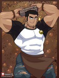 Rule 34 | 1boy, absurdres, apron, arms up, arts of hasarath, bara, barista, beard stubble, biceps, black hair, brown apron, brown background, cocktail shaker, coffee, dark-skinned male, dark skin, denim, facial hair, feet out of frame, highres, jeans, large pectorals, lucas lee, male focus, muscular, muscular male, name tag, paid reward available, pants, pectorals, scott pilgrim (series), scott pilgrim takes off, shirt, short hair, short sleeves, smile, smirk, solo, sparkle, standing, stubble, t-shirt, thick eyebrows, thighs, tight clothes, tight shirt, torn clothes, torn jeans, torn pants, waist apron