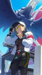 Rule 34 | 1boy, baseball cap, black leggings, black shirt, black shorts, commentary, corviknight, cosplay, creatures (company), day, dynamax band, finger to mouth, from below, game freak, gen 8 pokemon, gloves, hands up, hat, highres, jacket, league staff (pokemon), league staff (pokemon) (cosplay), leggings, male focus, nintendo, open clothes, open jacket, outdoors, partially fingerless gloves, pokemon, pokemon (creature), pokemon swsh, sankaku, shirt, shorts, shushing, single glove, sky, smile, sunglasses, symbol-only commentary, taxi, tinted eyewear, victor (pokemon), white headwear, white jacket, yellow-tinted eyewear