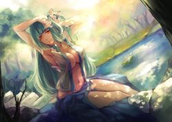 Rule 34 | 1girl, armpits, arms up, breasts, cleavage, dappled sunlight, forest, frog hair ornament, green hair, hair ornament, hair tubes, highres, kalalasan, kochiya sanae, large breasts, lips, long hair, nature, navel, no bra, open clothes, open shirt, river, rock, scenery, shirt, sitting, skirt, sleeveless, smile, solo, sunlight, thighs, touhou, tree, water, yellow eyes