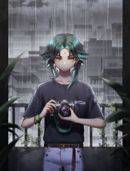 Rule 34 | 1boy, absurdres, ahoge, bead necklace, beads, belt, black hair, camera, commentary request, genshin impact, gloves, green hair, highres, hwaen, jewelry, long hair, male focus, multicolored hair, necklace, pants, rain, shirt, simple background, t-shirt, xiao (genshin impact), yellow eyes