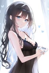 Rule 34 | 1girl, absurdres, black hair, blue eyes, breasts, bug, butterfly, cleavage, cup, highres, holding, holding cup, insect, long hair, looking at viewer, medium breasts, mole, original, solo, tsuyuri eri
