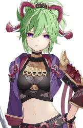 Rule 34 | 1girl, black shirt, commentary, crop top, fingerless gloves, fishnets, genshin impact, gloves, green hair, hair between eyes, hand on own hip, highres, jacket, kuki shinobu, long sleeves, looking at viewer, midriff, nage (sacosui ng), navel, open clothes, open jacket, ponytail, purple eyes, purple jacket, shirt, short hair, simple background, sleeveless, sleeveless shirt, solo, stomach, upper body, white background