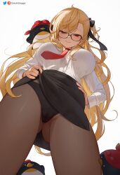 Rule 34 | 1girl, black skirt, blonde hair, blush, breasts, clothes lift, commentary, english commentary, glasses, gluteal fold, greatodoggo, highres, hololive, hololive indonesia, kaela kovalskia, large breasts, lifting own clothes, long hair, looking at viewer, office lady, panties, pantyhose, pencil skirt, red eyes, shirt, skirt, skirt lift, smile, solo, underwear, virtual youtuber, white shirt