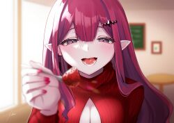 Rule 34 | 1girl, blush, breasts, cleavage, cleavage cutout, clothing cutout, baobhan sith (fate), fate/grand order, fate (series), feeding, food, fork, fruit, grey eyes, highres, ichi kq, large breasts, long hair, long sleeves, looking at viewer, open mouth, pink hair, pointy ears, red sweater, sidelocks, smile, solo, strawberry, sweater
