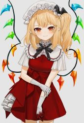 Rule 34 | 1girl, adapted costume, alternate hairstyle, black bow, black ribbon, blood, blood on clothes, bow, breasts, commentary request, cowboy shot, crystal, dress, flandre scarlet, gloves, gotou (nekocat), greyscale, hat, hat bow, highres, long hair, looking at viewer, medium breasts, mob cap, monochrome, neck ribbon, pointy ears, red dress, red eyes, ribbon, short sleeves, side ponytail, simple background, smile, solo, touhou, white gloves, white hat, wings