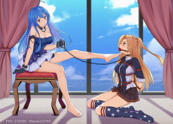 Rule 34 | 2girls, american flag legwear, arms behind back, azur lane, ball gag, bare legs, bare shoulders, barefoot, bdsm, belt collar, black gloves, black skirt, blonde hair, blue dress, blue eyes, blue hair, blush, bondage, bound, bound arms, breasts, chain, chain leash, cleveland (azur lane), collar, commentary request, crotch rope, day, dress, feet, feet up, femdom, foot on another&#039;s face, from side, full body, gag, gagged, gloves, gradient hair, haimei1980, hair between eyes, hand on another&#039;s chin, helena (azur lane), helena (may i have this dance?) (azur lane), holding, holding chain, holding leash, indoors, jacket, kneehighs, kneeling, leash, leg up, legs, long hair, looking at another, medium breasts, miniskirt, multicolored clothes, multicolored dress, multicolored hair, multicolored jacket, multiple girls, off-shoulder dress, off shoulder, official alternate costume, pleated skirt, purple eyes, purple hair, shibari, shibari over clothes, side ponytail, sitting, skirt, sleeves rolled up, smile, socks, star (symbol), star print, strapless, strapless dress, stroking another&#039;s chin, thighs, toes, two-tone jacket, very long hair, white dress, wiffle gag, yellow eyes, yokozuwari, yuri