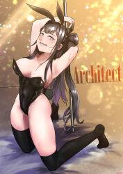Rule 34 | absurdres, animal ears, architect (girls&#039; frontline), areola slip, armpits, arms up, asymmetrical legwear, black hair, black leotard, black socks, black thighhighs, breasts, character name, cleavage, commentary, dated, english commentary, fake animal ears, fake tail, full body, girls&#039; frontline, grin, hair in own mouth, hair ornament, highres, kneehighs, kneeling, large breasts, leotard, light rays, long hair, looking at viewer, no socks, one side up, pink eyes, playboy bunny, pole, rabbit ears, rabbit tail, radish p, sangvis ferri, signature, single kneehigh, single sock, single thighhigh, smile, socks, strapless, strapless leotard, stripper pole, tail, thighhighs, uneven legwear, very long hair