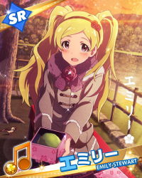 Rule 34 | 10s, 1girl, :d, beamed quavers, blonde hair, blush, card (medium), character name, character signature, emily stewart, emily stuart, flower, headband, idolmaster, idolmaster million live!, looking at viewer, musical note, official art, open mouth, purple eyes, seiza, signature, sitting, smile, sunset, twintails