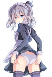 Rule 34 | 10s, 1girl, alternate costume, ass, bad id, bad pixiv id, blue eyes, breasts, butt crack, chestnut mouth, clothes lift, enmaided, from behind, heart, heart-shaped pupils, highres, kantai collection, kashima (kancolle), looking back, maid, maid headdress, panties, satou (una-vittima), silver hair, skirt, skirt lift, small breasts, solo, symbol-shaped pupils, tsurime, twintails, underwear, wavy hair