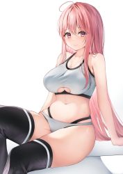Rule 34 | 1girl, absurdres, ahoge, black thighhighs, breasts, character request, cleavage, closed mouth, collarbone, commentary request, crop top, grey panties, hair between eyes, highres, large breasts, long hair, looking at viewer, nagi aoi, navel, panties, pink hair, simple background, sitting, smile, solo, tank top, thighhighs, thighs, underwear, white background
