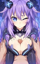 Rule 34 | 1boy, 1girl, breast press, breasts squeezed together, breasts, cleavage, closed mouth, clothed paizuri, highres, large breasts, long hair, motion lines, neptune (series), paizuri, pov, purple hair, purple heart (neptunia), tagme