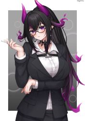 Rule 34 | 1girl, absurdres, arm under breasts, beril villain, black hair, black jacket, black skirt, blush, breasts, chest harness, cigarette, collared shirt, commentary request, commission, formal, glasses, gradient hair, hand up, harness, high ponytail, highres, holding, holding cigarette, horns, indie virtual youtuber, jacket, large breasts, long hair, long sleeves, looking at viewer, multicolored hair, parted lips, partially unbuttoned, purple eyes, purple hair, purple horns, semi-rimless eyewear, shirt, skeb commission, skirt, solo, suit, ueyama 0clock, under-rim eyewear, very long hair, white shirt