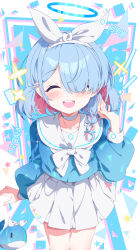 Rule 34 | 1girl, absurdres, arona (blue archive), blue archive, blue hair, blue halo, blue shirt, blush, braid, character name, chinese commentary, choker, colored inner hair, commentary request, cowboy shot, facing viewer, hair over one eye, hair ribbon, halo, hand up, highres, hua-huahua, long sleeves, medium hair, multicolored hair, neckerchief, one eye covered, open mouth, pink hair, pleated skirt, ribbon, sailor collar, school uniform, serafuku, shirt, side braid, skirt, smile, solo, streaked hair, teeth, variant set, white choker, white neckerchief, white ribbon, white sailor collar, white skirt