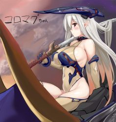 Rule 34 | 1girl, bare shoulders, blush, breasts, closed mouth, colo mag-chan, covered navel, draph, granblue fantasy, hair between eyes, highres, horns, hoshiya takahito, large breasts, leotard, long hair, looking at viewer, pointy ears, profile, red eyes, sideboob, sky, solo, sword, thighhighs, very long hair, weapon