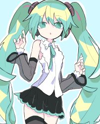Rule 34 | 1girl, absurdres, aqua eyes, aqua hair, bare shoulders, blue background, detached sleeves, hair ornament, hatsune miku, hatsune miku (nt), headphones, highres, layered sleeves, long hair, looking at viewer, miniskirt, n40a1, neck ribbon, open mouth, pleated skirt, ribbon, see-through, see-through sleeves, skirt, solo, twintails, very long hair, vocaloid