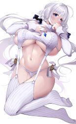 Rule 34 | 1girl, alternate costume, azur lane, bare shoulders, blue eyes, blush, breasts, closed mouth, detached sleeves, full body, hair ornament, highres, huge breasts, illustrious (azur lane), long hair, long sleeves, meme attire, mole, mole under eye, navel, panties, sideboob, simple background, smile, solo, stomach, thighhighs, thighs, underboob, underwear, very long hair, virgin destroyer sweater, wee (weeyy), white background, white hair, white panties, white thighhighs