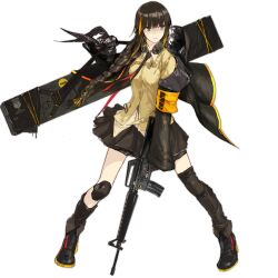 Rule 34 | 1girl, armband, assault rifle, asymmetrical legwear, black eyes, black gloves, black jacket, black skirt, black socks, black thighhighs, braid, buttons, carrying, carrying over shoulder, clothes lift, full body, girls&#039; frontline, gloves, gun, headphones, headphones around neck, holding, holding gun, holding weapon, hood, hooded jacket, jacket, jacket lift, knee pads, kneehighs, left-handed, light frown, long hair, looking away, lowlight kirilenko, m16, m16a1, m16a1 (girls&#039; frontline), mole, mole under eye, multicolored hair, necktie, no scar, official art, orange hair, parted lips, particle cannon case, rifle, shaded face, single kneehigh, single sock, single thighhigh, skirt, smile, socks, solo, standing, strap, streaked hair, sweatdrop, thighhighs, transparent background, trigger discipline, uneven legwear, weapon