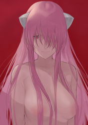 Rule 34 | 1girl, animal ears, closed mouth, completely nude, elfen lied, hair over breasts, hair over one eye, ikuchan kaoru, long hair, looking at viewer, lucy (elfen lied), nude, one eye covered, pink hair, red background, simple background, solo