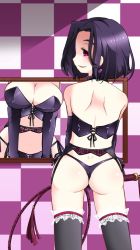 Rule 34 | 10s, 1girl, ass, bdsm, black gloves, black panties, black thighhighs, blush, bondage outfit, breasts, cleavage, collar, corset, dominatrix, earrings, elbow gloves, garter belt, garter straps, gin (shioyude), gloves, halo, heart, heart-shaped lock, heart earrings, jewelry, kantai collection, large breasts, looking at viewer, looking back, mechanical halo, mirror, mole, mole under eye, panties, purple eyes, purple hair, short hair, side-tie panties, smile, solo, tatsuta (kancolle), thighhighs, thong, underwear, whip