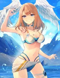 Rule 34 | 1girl, bikini, blue eyes, breast tattoo, breasts, brown hair, choker, cleavage, eunie (xenoblade), grin, head wings, leaf (esabacoo), long hair, looking at viewer, medium breasts, navel, official alternate costume, sarong, smile, solo, standing, swimsuit, tattoo, thigh strap, wings, xenoblade chronicles (series), xenoblade chronicles 3