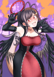 Rule 34 | 1girl, absurdres, black gloves, blue archive, brown hair, dress, elbow gloves, gloves, halloween, highres, looking at viewer, megamegaglass, open mouth, red eyes, solo, tsurugi (blue archive), wings