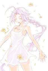 Rule 34 | 1girl, arc system works, blazblue, braid, dress, flower, happy, long hair, nu-13, pale skin, simple background, smile, solo, sume, sumeshi (ambivalince), sundress, tattoo, white background, white dress, white hair