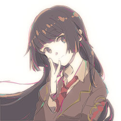 Rule 34 | 1girl, black eyes, black hair, closed mouth, collared shirt, commentary request, hand on own face, head tilt, hirahira (omoshireegerou), light smile, long hair, looking to the side, necktie, protagonist 2 (housamo), red necktie, school uniform, shirt, simple background, solo, tokyo houkago summoners, upper body, white background, white shirt