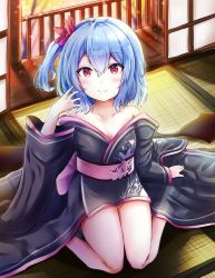 Rule 34 | 1girl, alternate costume, bare shoulders, black kimono, blue hair, blush, breasts, cleavage, commentary request, floral print, flower, hair flower, hair ornament, highres, indoors, japanese clothes, kimono, long sleeves, looking at viewer, obi, off shoulder, one side up, railing, red eyes, remilia scarlet, renka (cloudsaikou), sash, seiza, short hair, sitting, small breasts, smile, solo, thighs, touhou, wide sleeves