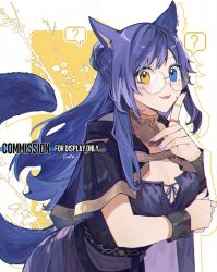 Rule 34 | 1girl, ?, animal ears, black capelet, black dress, blue eyes, blue hair, breasts, capelet, dress, facial mark, fang, final fantasy, final fantasy xiv, fox ears, fox tail, glasses, hand up, heterochromia, highres, hood, hood down, large breasts, long hair, nail polish, rirene rn, round eyewear, smile, speech bubble, spoken question mark, tail, whisker markings, white background, wrist cuffs, yellow background, yellow eyes