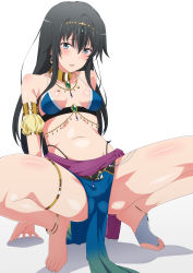 Rule 34 | 1girl, absurdres, ahoge, barefoot, black hair, blue eyes, breasts, collarbone, commentary request, feet, highres, legs, long hair, looking at viewer, medium breasts, navel, pelvic curtain, shadow, shou937, simple background, small breasts, solo, spread legs, squatting, thighs, toes, white background, yahari ore no seishun lovecome wa machigatteiru., yukinoshita yukino