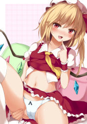 Rule 34 | 1girl, :d, absurdres, ascot, bad id, bad pixiv id, blonde hair, blush, border, breasts, cameltoe, commentary request, crystal, fang, feet out of frame, finger to mouth, flandre scarlet, frilled shirt collar, frills, hair ribbon, hand up, hat, highres, index finger raised, knee up, long hair, looking at viewer, medium breasts, midriff, mob cap, navel, one side up, open mouth, panties, pantyshot, petticoat, pillow, pink background, plaid, plaid background, puffy short sleeves, puffy sleeves, red eyes, red ribbon, red skirt, ribbon, short sleeves, sitting, skirt, smile, solo, stomach, techi (techi35499), thighhighs, thighs, touhou, underwear, vest lift, white border, white hat, white panties, wings, wrist cuffs, yellow ascot